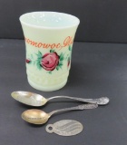 Oconomowoc souvenir lot, custard glass tumbler, two sterling spoons and Dr Wilkinson tag