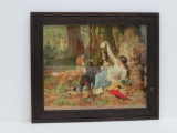 Lovely c. 1894 framed chromolithograph, girl with dogs, 22