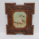 Very ornate wood carved frame and vintage print, girl and dog