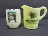 Geronimo, toothpick holder and Mt Lassen Red Bluff creamer, custard glass