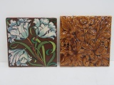 Two lovely early floral and fauna art tiles, 8