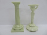 Two ornate Custard glass candlesticks, 8