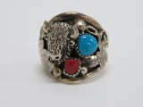 Turquoise and Coral Buffalo Head Ring, estimate size 11 1/2, marked with initials RB