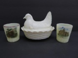 Two Nebraska Custard glass toothpick holders and hen on nest