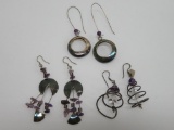 Three sets of amethyst stone and sterling wire earrings, Mexico 925