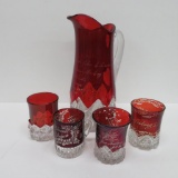 Ruby Flash glass souvenir pitcher and four souvenir glasses