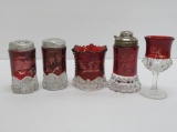 Four Ruby Flash Glass souvenir shakers and toothpick holders