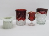 Four souvenir and advertising glassware, ruby flash and milk glass