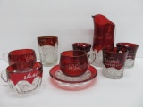 Large lot of assorted ruby flash glass, pitcher, cups/saucers and tumblers