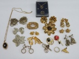 Assorted costume jewelry pins, earrings, and necklaces
