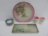 Handpainted china plate and tray, egg cups and butter pats