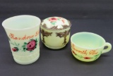 Three Custard glass souvenir items, Wisconsin towns