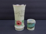 Two 1904 Worlds Fair custard glass souvenirs, vase and mug