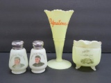 Father Pierz salt and pepper shakers, Indian Tepee Leech Lake and Pipestone Souvenirs