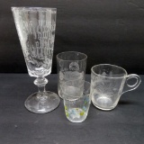 4 Etched glasses and shots