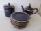Hall cobalt teapot, cobalt china biscuit jar and plates