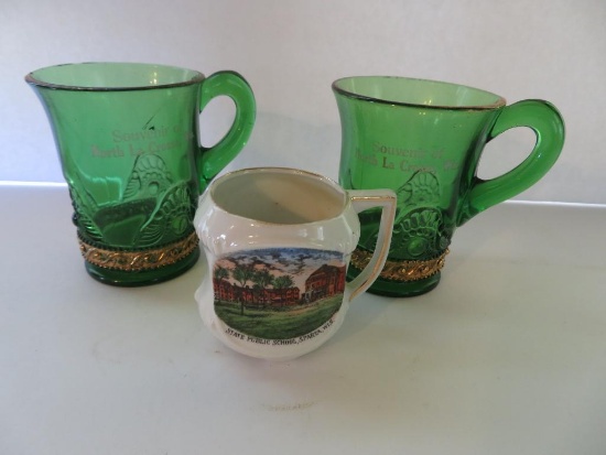 Two North La Crosse souvenir mugs, 3 3/4" and Sparta Public School mug, some edge wear noted