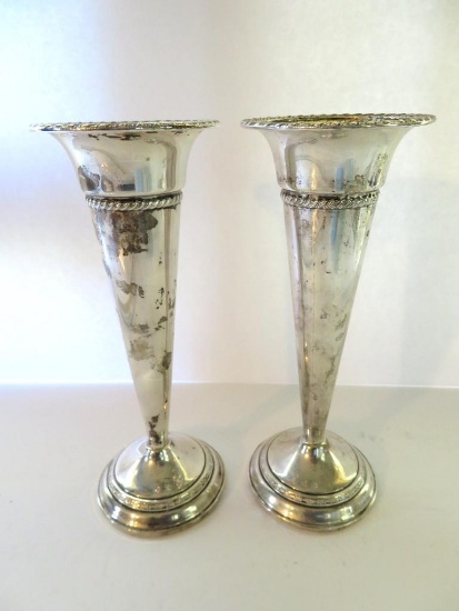 Two Columbia weighted sterling vases, 8"