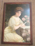 Lovely Framed Print, linen textured, Woman and flowers