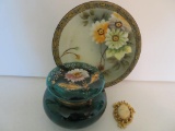 Lovely hand painted glass dresser box, Nippon hand painted plate, costume Cameo pendant