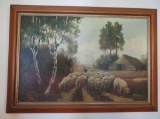 Pastoral oil painting on board by C Finke, framed 27