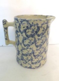 Spongeware pitcher, blue mottled, stoneware, 6 1/2
