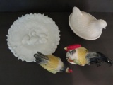 Milk Glass Hen on nest, Easter plate with ducks and Chicken Salt and Pepper shakers
