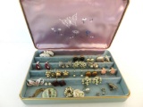17 pair of vintage assorted clip on and screw back earrings in vintage jewelry box