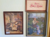 Three vintage framed prints and needlwork
