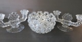 Lovely Center Bowl and Candlesticks, patterned glass
