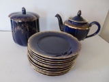 Hall cobalt teapot, cobalt china biscuit jar and plates