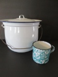 Enamel commode and turquoise mottled cup