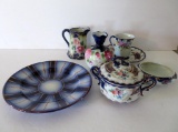 Assorted floral and cobalt china, six pieces