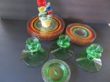 Fun Multi color banded plates, colorful kitchen measure spoons and depression candle holders