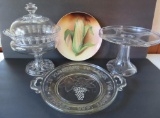 Press glass cake plates, serving dish, and signed corn plate