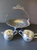 Forbes Silver Co ornate etched silverplate cream sugar and center bowl basket