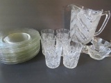 Crystal tumblers, glass plates, and pitcher