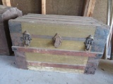 Flat top trunk, cloth covered and wood slats, distressed, interior lift out shelf