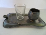 Early match holder and tray and Stoughton Advertising shot glass
