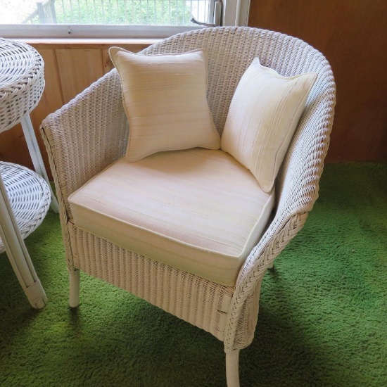 White Rolled side wicker side chair with cushion and pillows