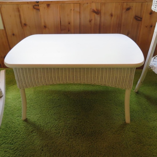 White Wicker side table with wooden top