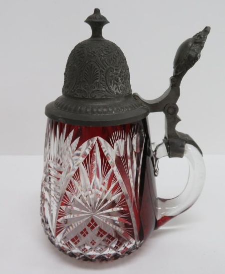 Exquisite Bohemian glass tankard with pewter lid