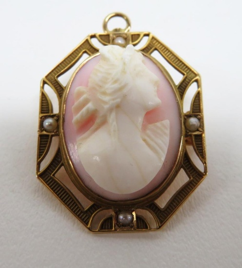 Vintage carved cameo pendant/pin with 10 kt marked frame