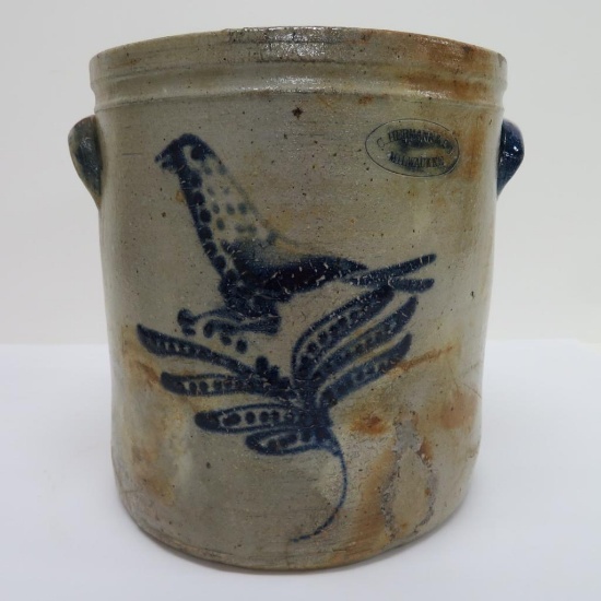 C Hermann Milwaukee Wis, cobalt bird and fern crock