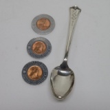 Sterling Silver Soo Line RR spoon and three RR penny tokens