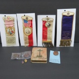 Early metallic fringe religious ribbons and Health Dept pins