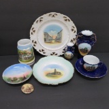 Eight pieces of souvenir china from Waukesha
