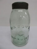 Light green Mason's Improved Canning Jar, CFJ Co mark, glass and zinc lid, 1/2 gallon