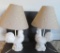 Two Ceramic Rooster Table lamps, working, cloth shades