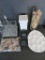 Assorted wine corks, sorting dishes, and crafters items